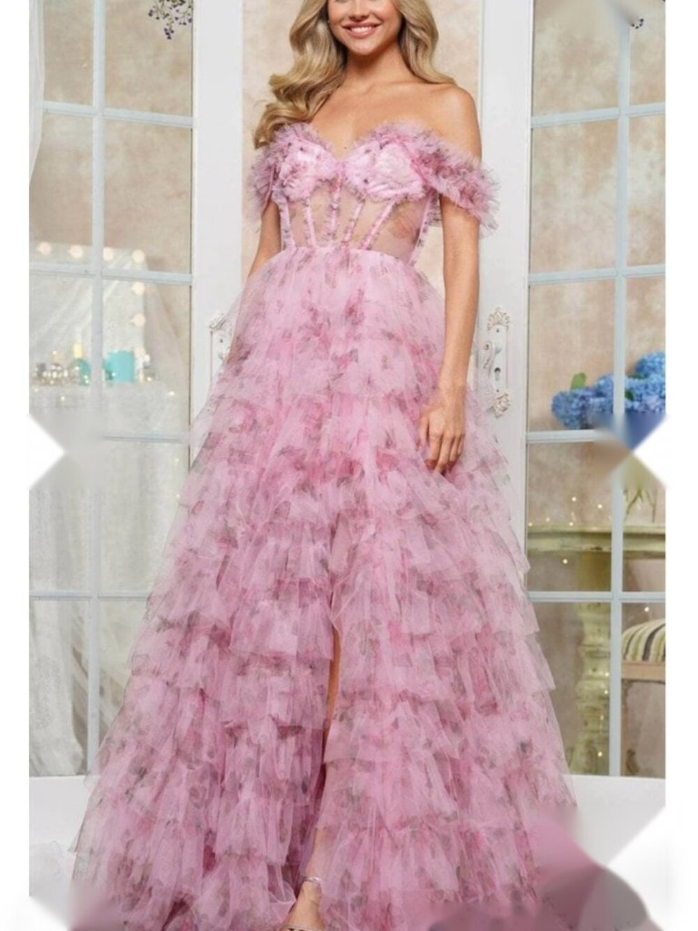 Size 10 Colors Dress 3504 Pink Floral Off Shoulder Tiered Ruffle Gown NWT
